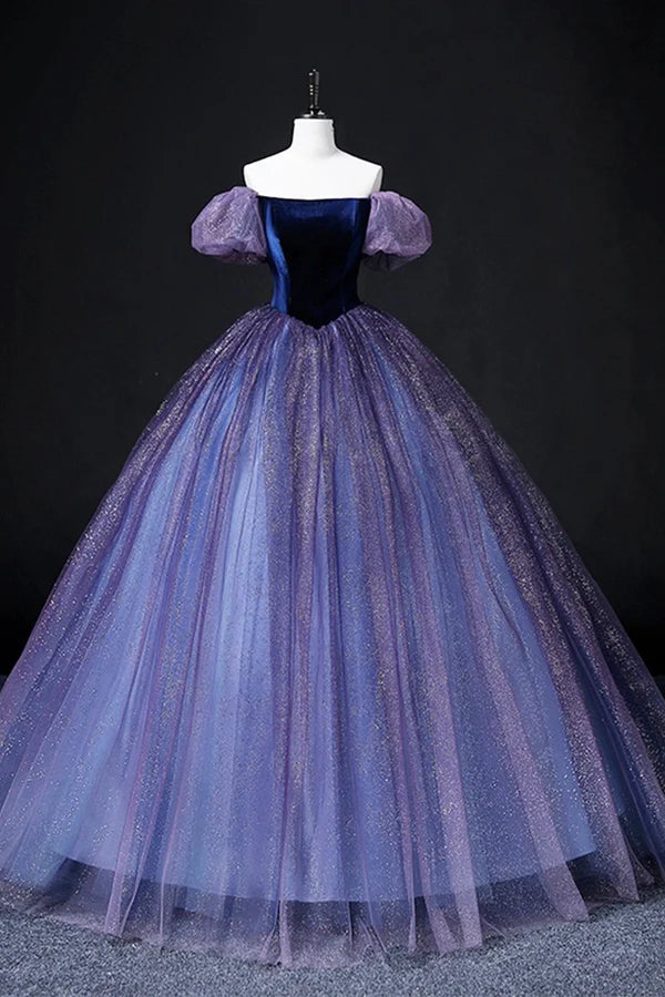 Wholesale Lovely Velvet Tulle Long Prom Dress Purple Off the Shoulder Evening Party Gown